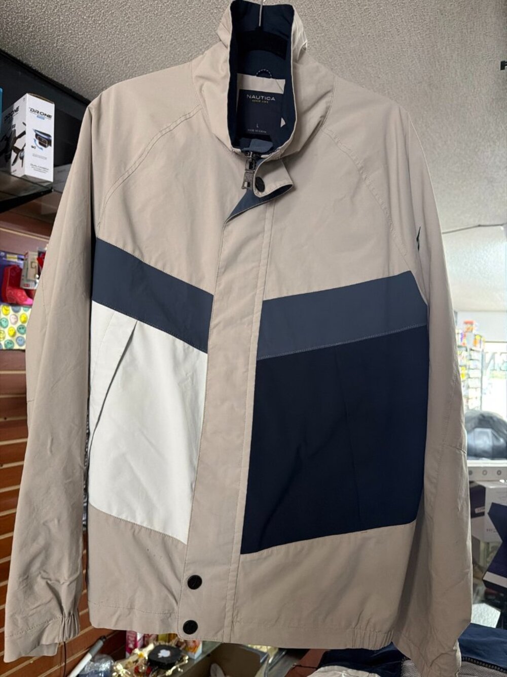 Nautica Mens Windbreaker Jacket Tan Navy Colorblock Size Large